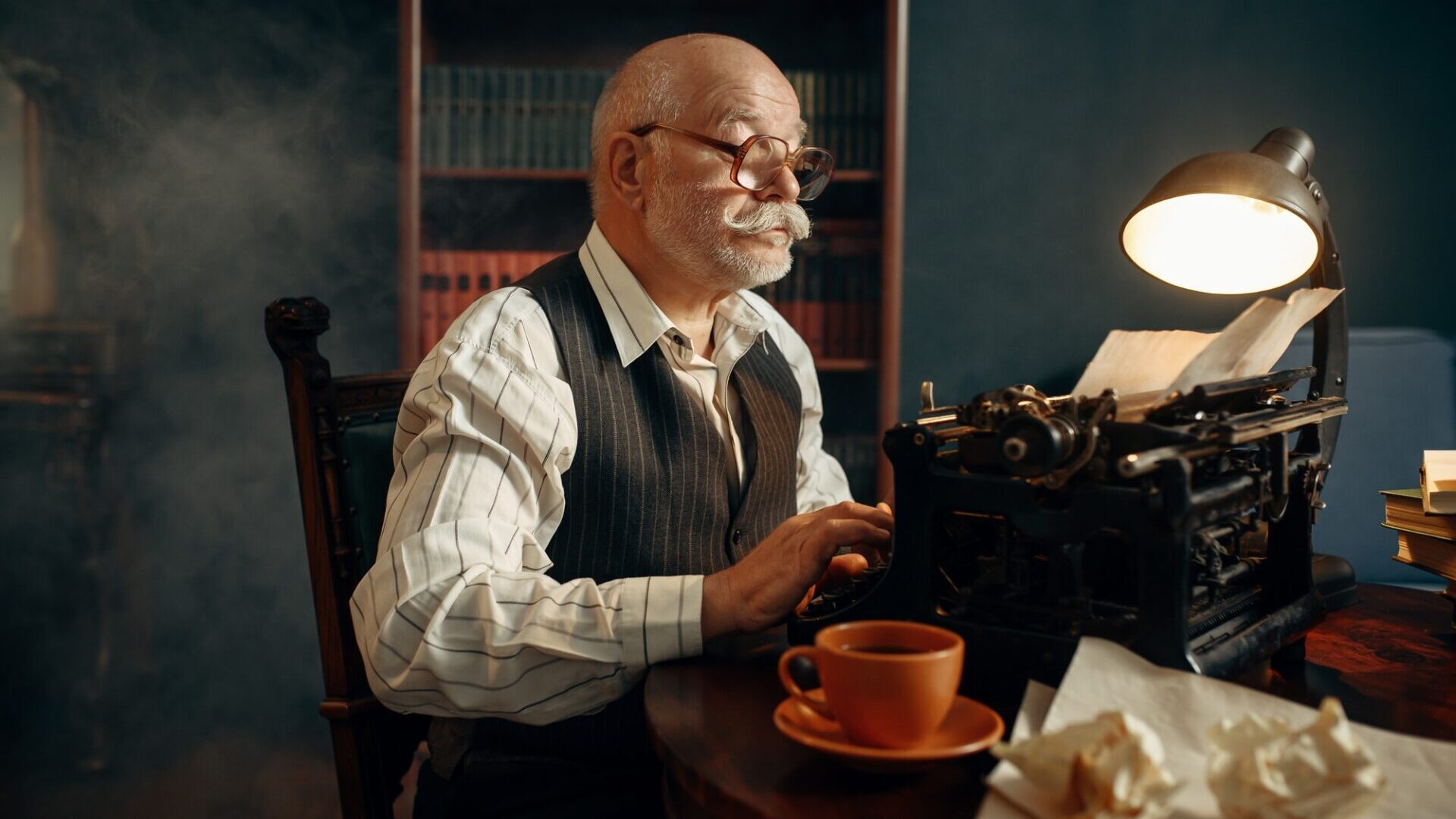 Uomo anziano alla macchina da scrivere, il content marketing vintage